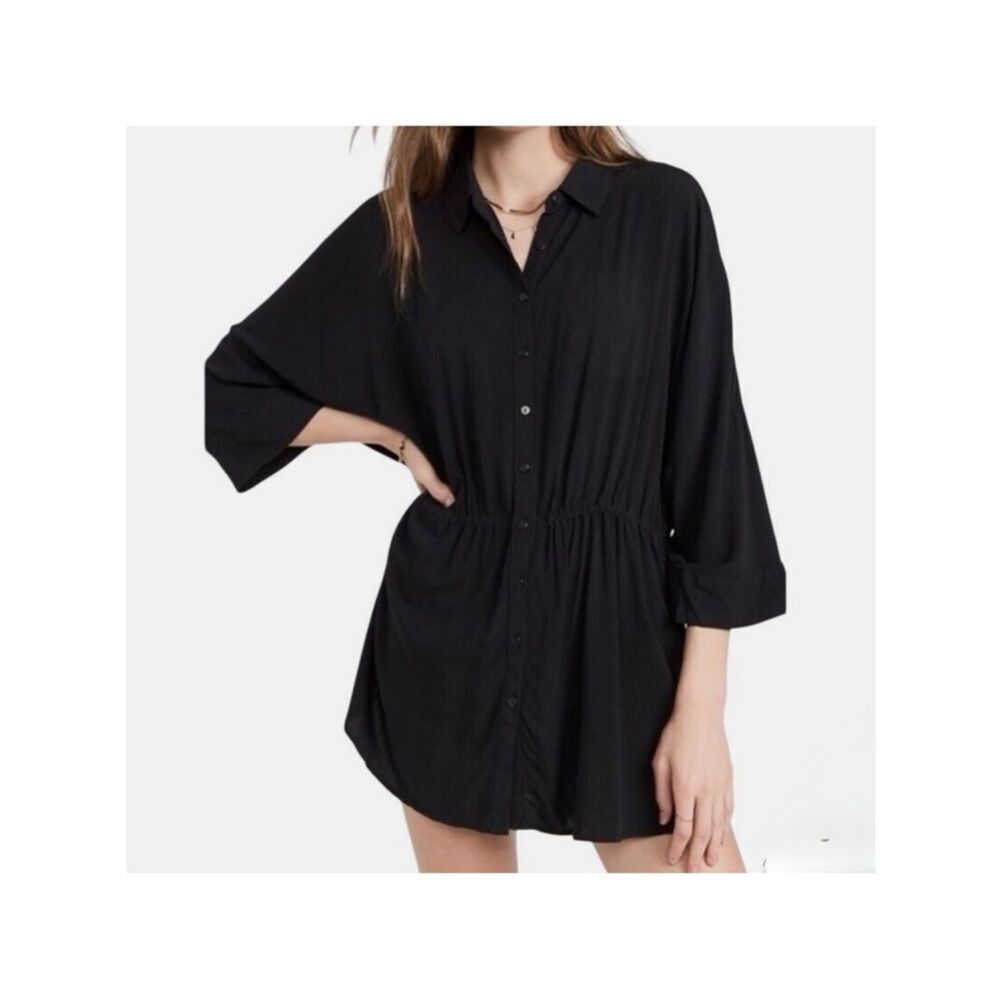 L*Space Pacifica Tunic Black Button Down Drawstring Waist Cover Up NWT $99